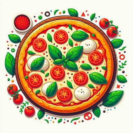 Pizza with tomatoes, mozzarella and basil. Vector illustrationのイラスト素材