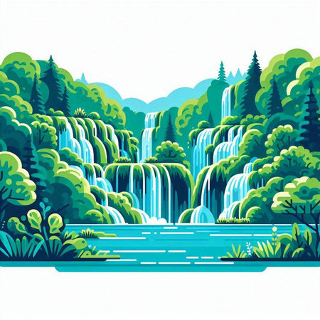 Waterfall in the forest. Vector illustration of a summer landscape.のイラスト素材