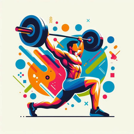 Fitness woman lifting a barbell on colorful background. Vector illustration.のイラスト素材