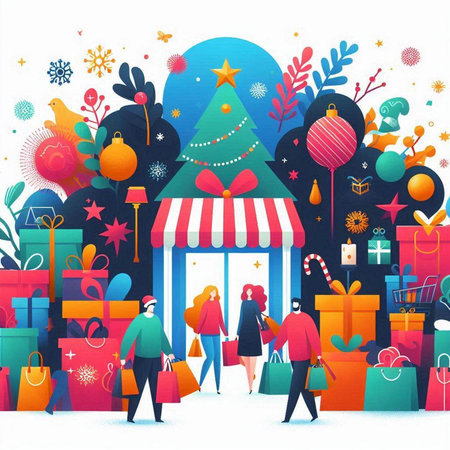 Christmas shopping in the city. People go shopping. Vector illustration.のイラスト素材