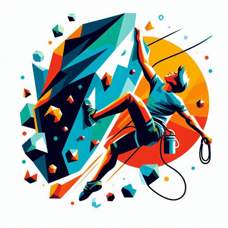 Rock climber jumping into the abyss. Vector illustration in retro style.のイラスト素材