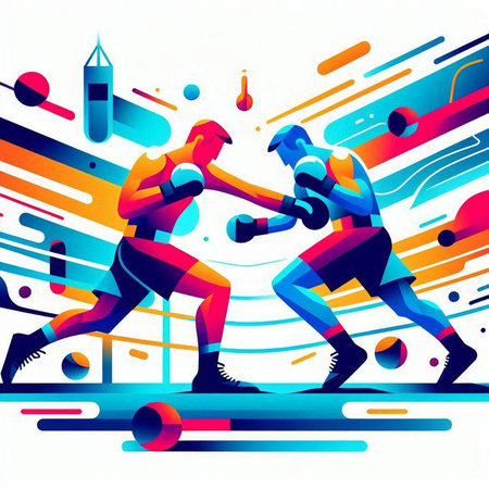 Vector illustration of two men boxing in abstract colorful background. Sport concept.のイラスト素材