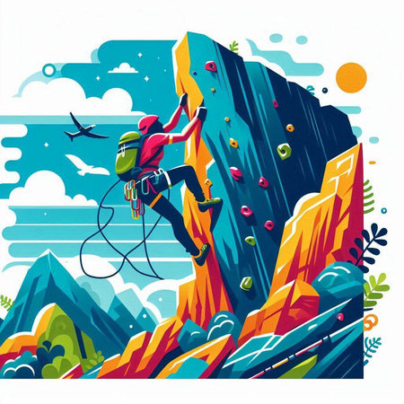 Vector illustration of rock climber climbing on a cliff. Extreme sport and active lifestyle.のイラスト素材