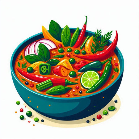 Cartoon illustration of a bowl of spicy chilli soup garnished with fresh herbs and vegetablesのイラスト素材