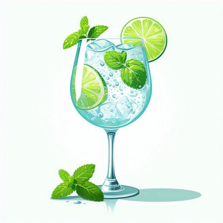 Cocktail with lime, mint and ice. Vector illustration.のイラスト素材