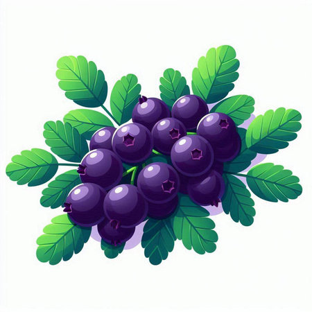 Berries of black currant with green leaves on a white backgroundのイラスト素材