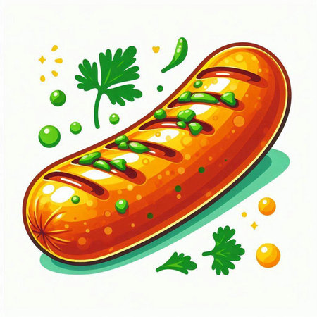 Illustration of grilled sausage with parsley and mustard on white backgroundのイラスト素材