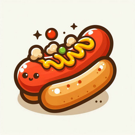 Hot dog icon. Vector illustration of a hotdog with mustard and ketchup.のイラスト素材