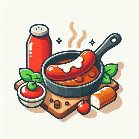 Sausage in a frying pan with ingredients. Vector illustration.のイラスト素材