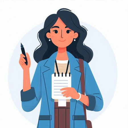 Young woman with clipboard and pen. Vector illustration in cartoon style.のイラスト素材
