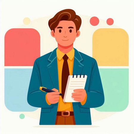 Businessman holding notebook and pen. Vector illustration in flat style.のイラスト素材