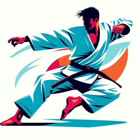 karate fighter in action, vector illustration, no gradients.のイラスト素材