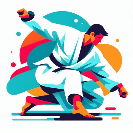 Taekwondo vector illustration. Man in kimono doing karate exerciseのイラスト素材