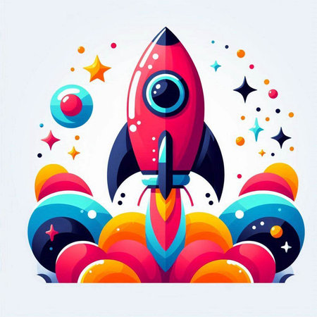 Rocket in space. Colorful vector illustration in flat cartoon style.のイラスト素材