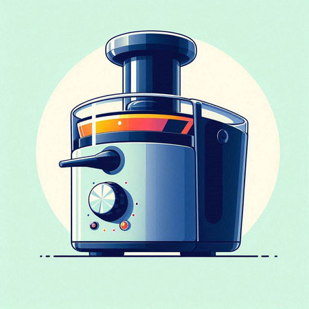 Vector illustration of a modern electric juicer in cartoon style on a blue background.のイラスト素材