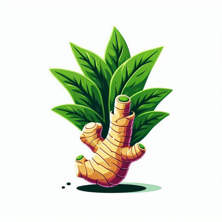 Ginger root with green leaves isolated on white background. Vector illustration.のイラスト素材
