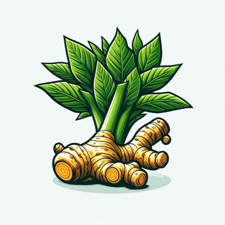 ginger root with leaves isolated on white background. vector illustration.のイラスト素材