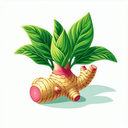 Ginger root with green leaves isolated on white background. Vector illustration.のイラスト素材