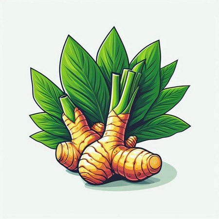 Ginger root and leaves isolated on white background. Vector illustration.のイラスト素材