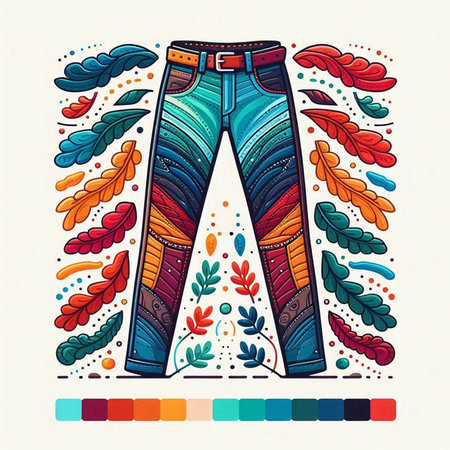 Colorful vector illustration of jeans with floral ornament. Hand-drawn illustration.のイラスト素材