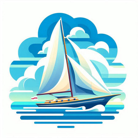 Sailing boat on the sea in the clouds. Vector illustration.のイラスト素材
