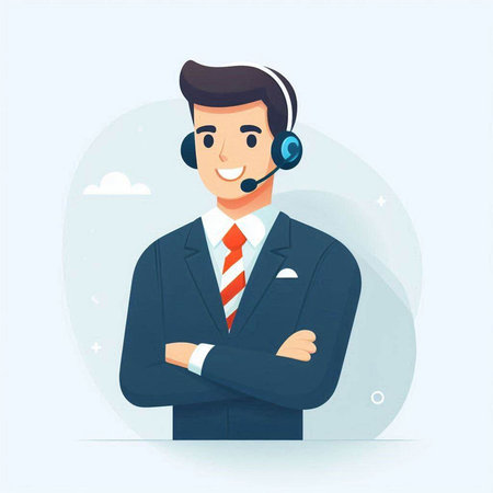 Vector illustration of a customer service agent in a flat style. Businessman with a headset.のイラスト素材