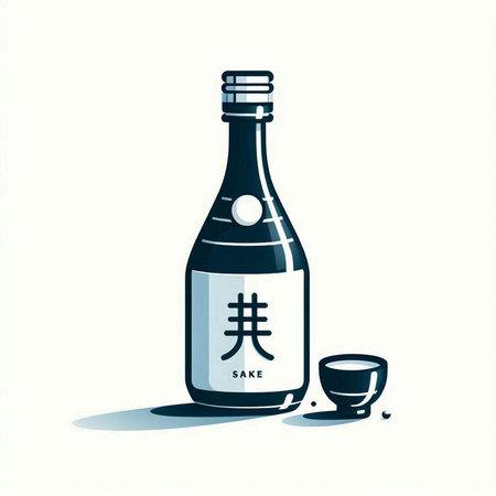Japanese sake bottle with sake cup on white background. Vector illustration.のイラスト素材