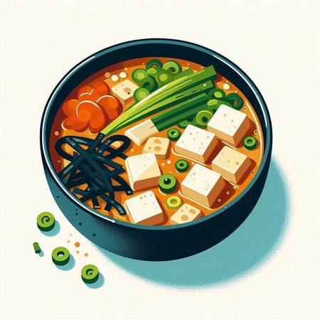 Illustration of Japanese miso soup with tofu and vegetables in bowlのイラスト素材