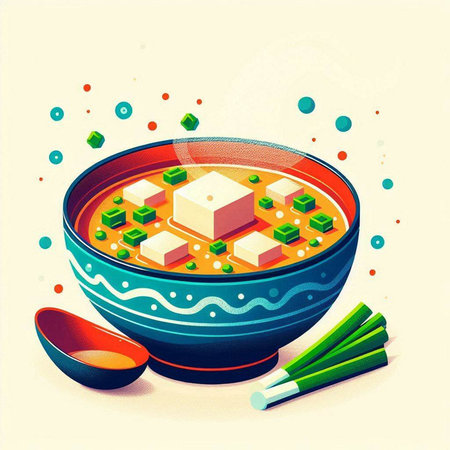 Soup with tofu and vegetables in a bowl. Vector illustration.のイラスト素材