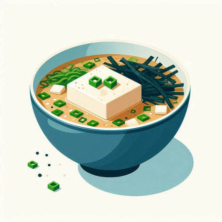 Soup with tofu and seaweed in a bowl. Vector illustration.のイラスト素材