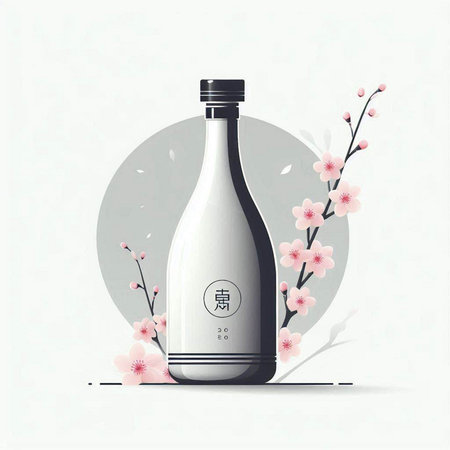 Chinese New Year champagne bottle and cherry blossom. Vector illustration.のイラスト素材