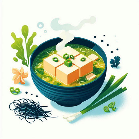 Soba soup with tofu and green onion. Japanese cuisine. Vector illustration.のイラスト素材