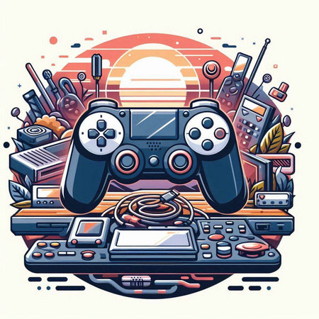 Retro video game console, joystick and gamepad. Retro style vector illustration.のイラスト素材
