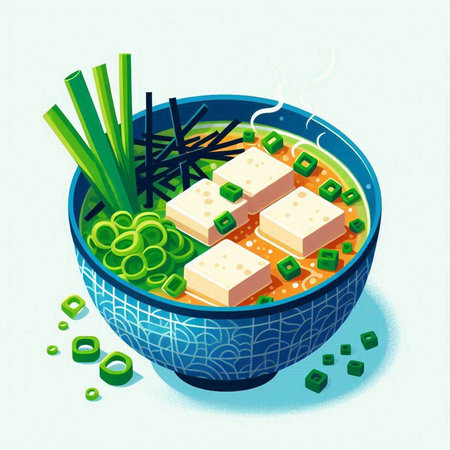 Japanese miso soup with tofu and vegetables in a bowl. Vector illustration.のイラスト素材