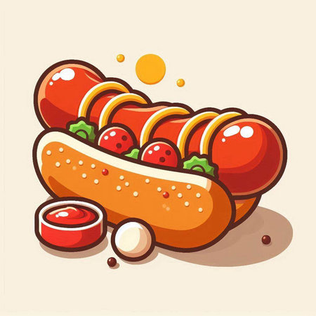Hot dog with sausage and ketchup. Vector illustration of fast food.のイラスト素材