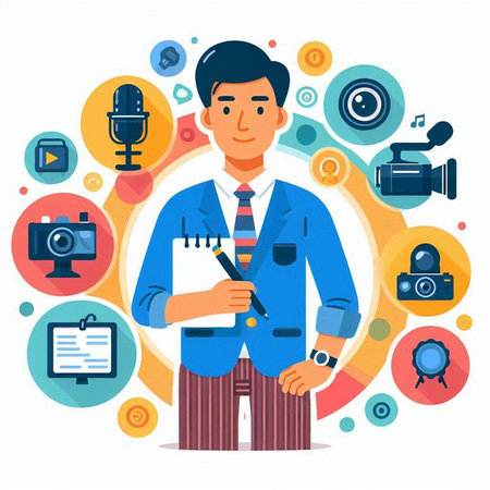 Journalist with camera and microphone. Vector illustration in flat style.のイラスト素材