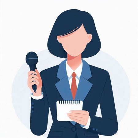 Businesswoman with microphone and notebook. Vector illustration in flat style.のイラスト素材