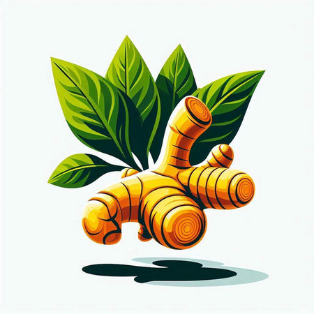 Ginger root with leaves on a white background. Vector illustration.のイラスト素材