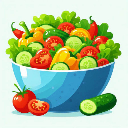 Illustration of a bowl of fresh vegetable salad with tomatoes and cucumbersのイラスト素材
