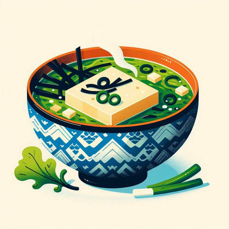 Illustration of a bowl of soup with tofu and green onions.のイラスト素材