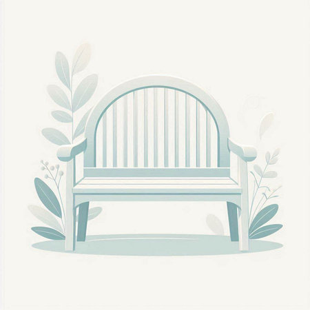 White bench with green leaves on a white background. Vector illustration.のイラスト素材