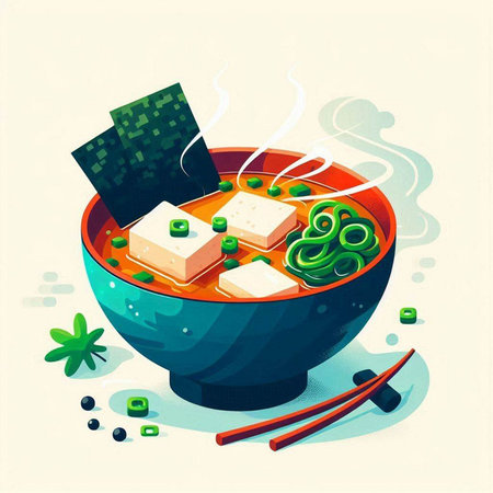 Vector illustration of japanese miso soup with tofu in bowlのイラスト素材