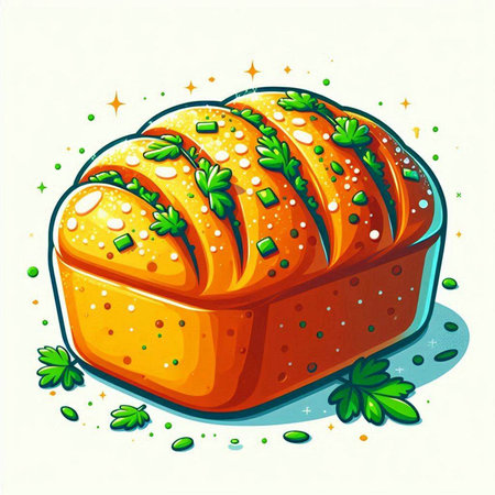 Illustration of a loaf of bread with parsley on a white backgroundのイラスト素材