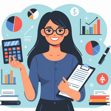 Businesswoman with calculator. Vector illustration in flat cartoon style on white background.のイラスト素材