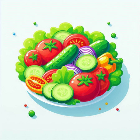 Vegetable salad with tomato, cucumber, onion and parsley. Vector illustrationのイラスト素材