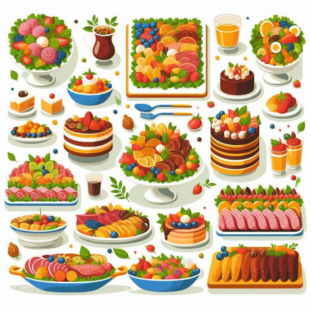 Fruit and berry cake icon set. Vector illustration of fresh fruit and berry cake.のイラスト素材