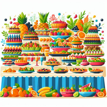 Fruit buffet with a variety of fruits and berries. Vector illustration.のイラスト素材