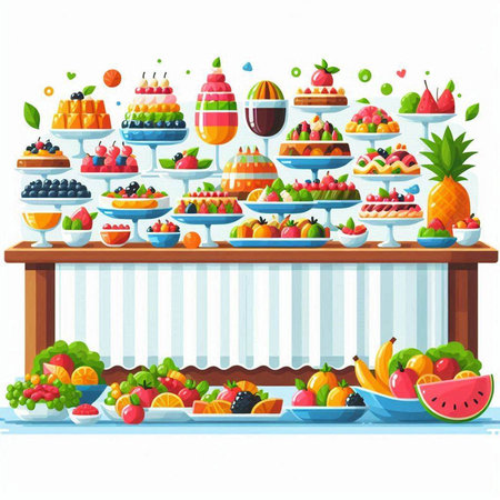 Fruit buffet with fruits. Vector illustration in cartoon style on white background.のイラスト素材