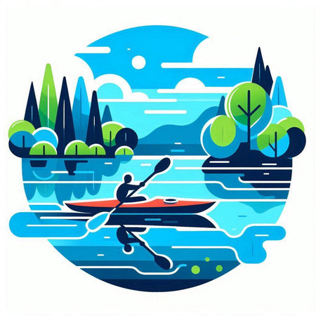 Kayak on the river in the forest. Vector illustration in flat styleのイラスト素材