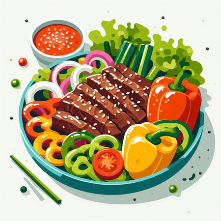 Vector illustration of a bowl of beef steak with vegetables and sauce.のイラスト素材